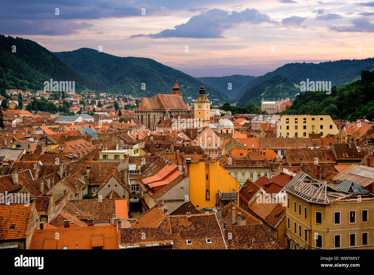 City skyline and Tampa Mountains, Brasov, Transylvania, Romania Stock Photo