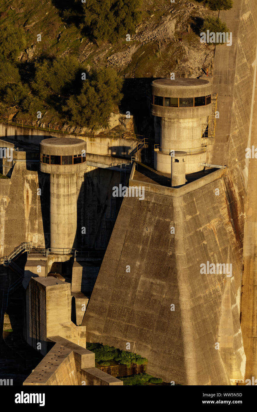 Alcantara / Spain - January - 18 2018: hydro dam watch tower in Alcantara Spain Stock Photo