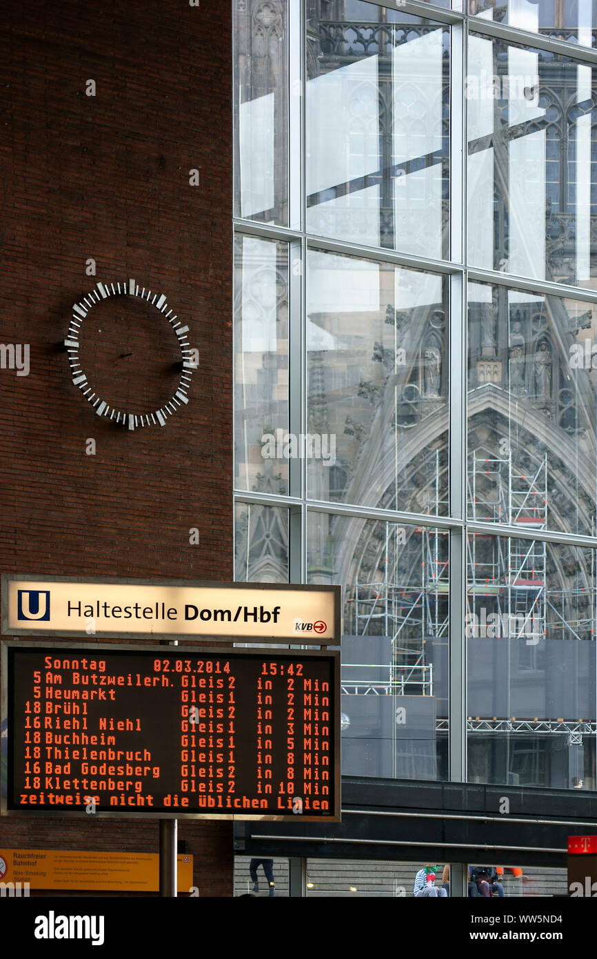 The digital display of the Cologne central station with the cathedral in the background, Stock Photo