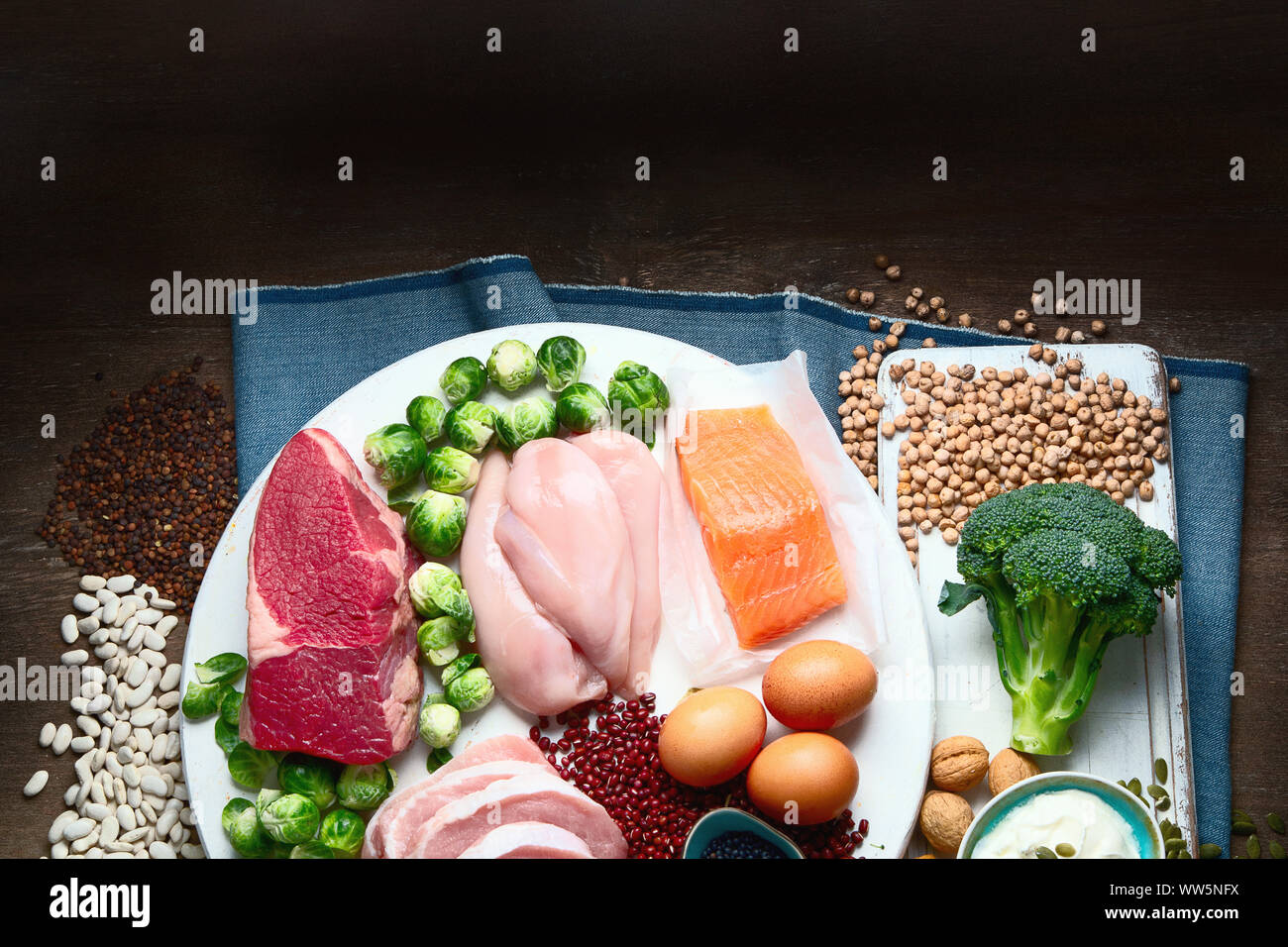 Best high protein foods. Healthy eating concept. Health and body building food. Top view with copy space Stock Photo