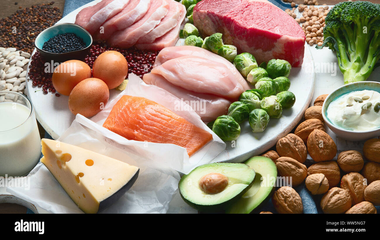 Best high protein foods. Healthy eating concept. Health and body building  food Stock Photo - Alamy