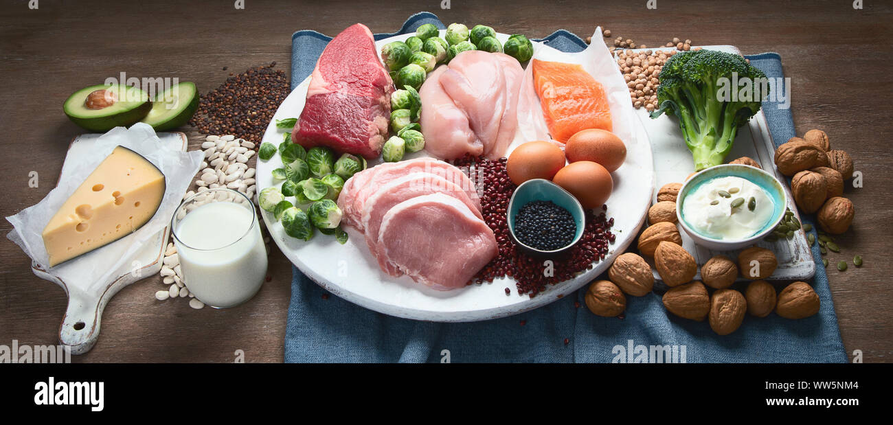 Best high protein foods. Healthy eating concept. Health and body building food.  Panorama, banner Stock Photo
