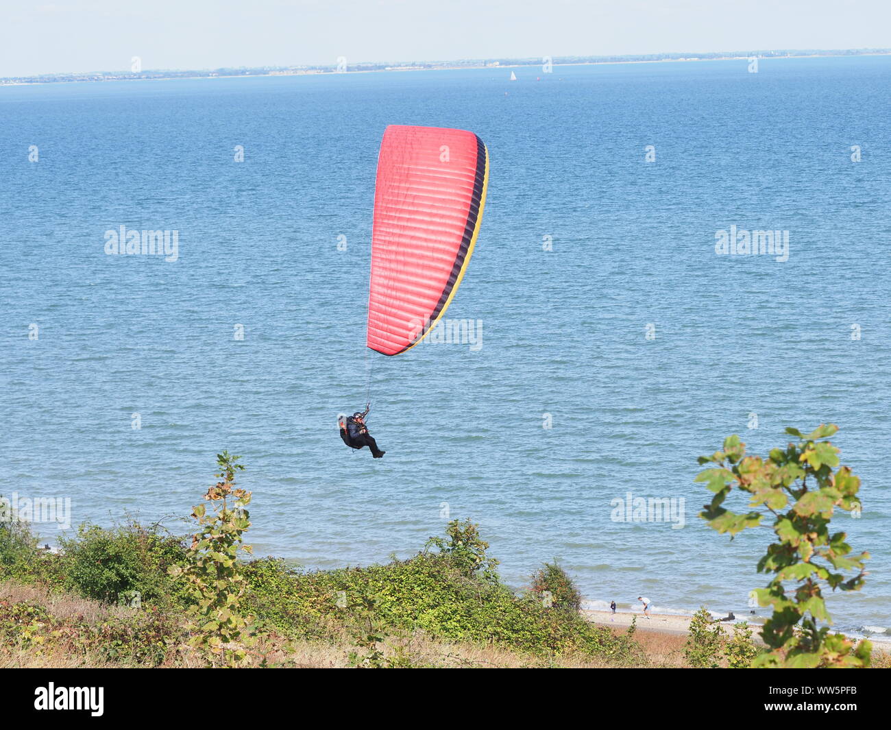 Minster on Sea, Kent, UK. 13th September, 2019. UK Weather: a sunny and hot afternoon in Minster on Sea, Kent as paragliders take advantage of the thermals off of Minster cliffs. Credit: James Bell/Alamy Live News Stock Photo