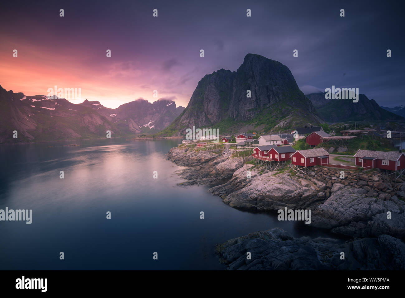 Sunrise over beautiful Reine Village in Lofoten Islands, Norway Stock ...