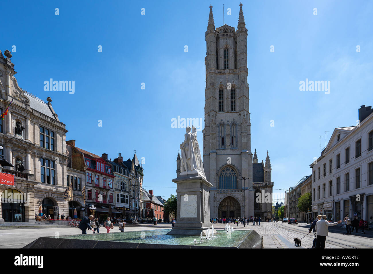Ghent, Belgium - May 16, 2019: Saint Bravo Cathedral and Ghent town square in Ghent, Belgium. Stock Photo