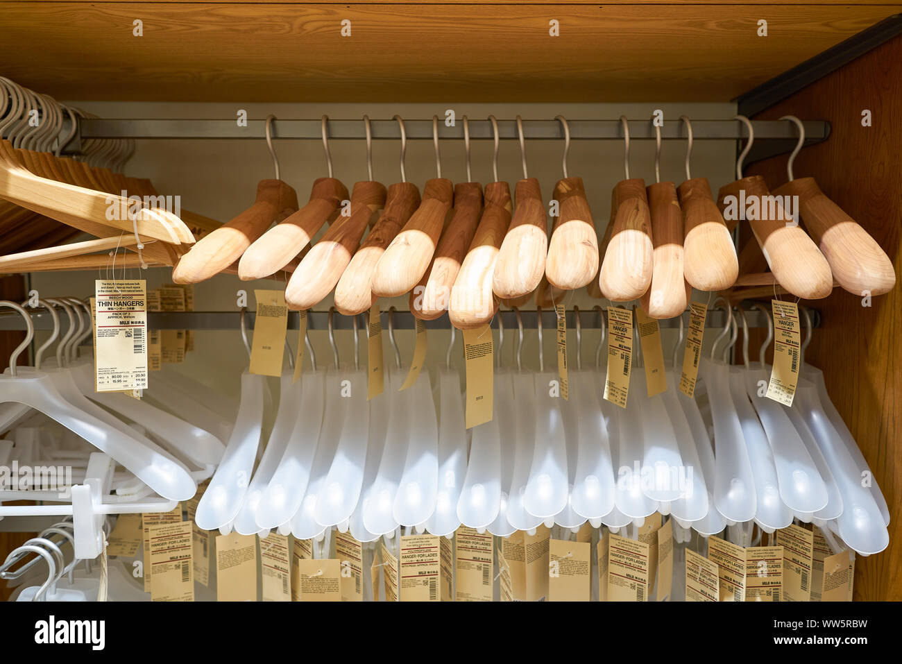 SINGAPORE - CIRCA APRIL, 2019: wooden hangers on display at Muji store in  Jewel Changi Airport. Muji is a Japanese retail company which sells a wide  v Stock Photo - Alamy