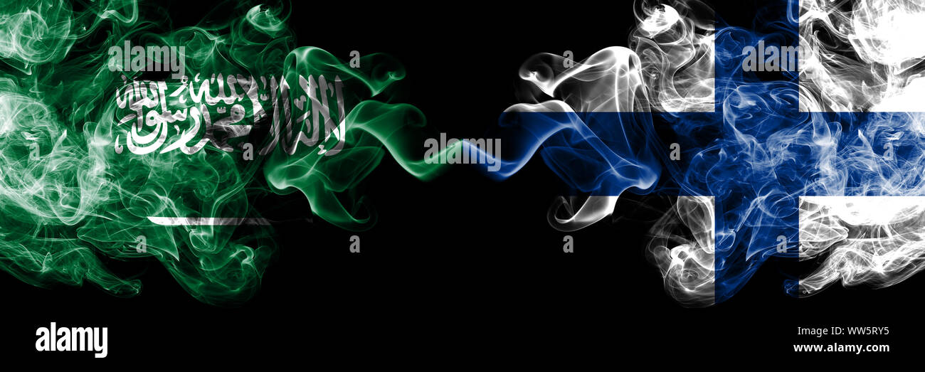 Saudi Arabia Kingdom vs Finland, FInnish smoky mystic flags placed side by side. Thick colored silky smoke flags of Arabic, Arabian and Finland, FInni Stock Photo