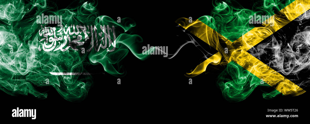 Saudi Arabia Kingdom vs Jamaica, Jamaican smoky mystic flags placed side by side. Thick colored