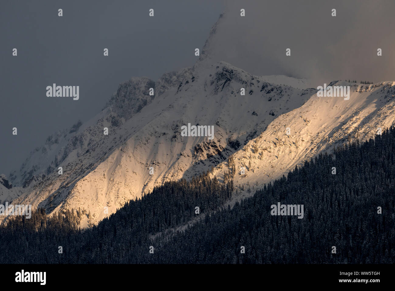Warm evening light below the WÃ¶rner, in the Karwendel Mountains with wintry conditions. Stock Photo