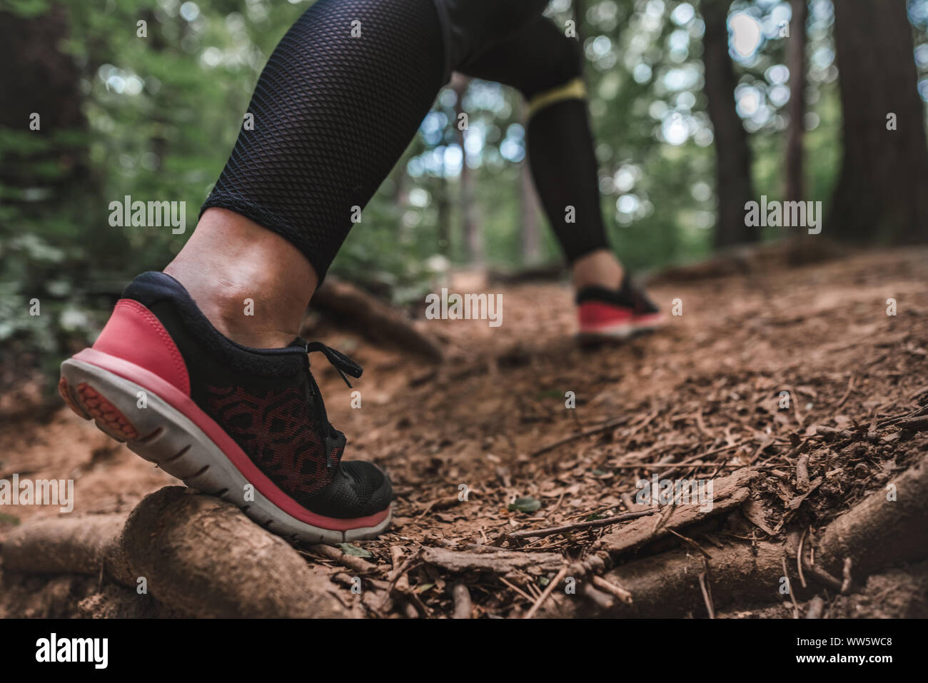 Closeup cropped image of female athlete legs steep climbs on