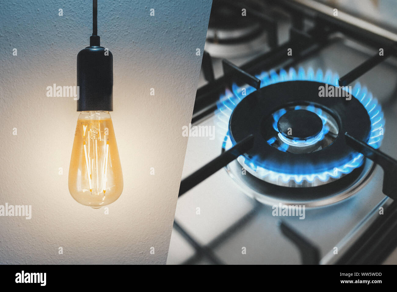 Gas stove and light bulb. Utility bills concept Stock Photo Alamy