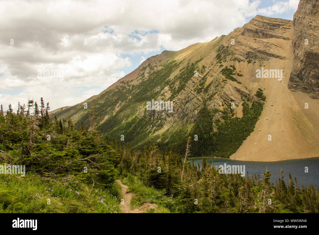 Mountain lake with steep scree fields, Rocky Mountains, Alberta, Canada Stock Photo