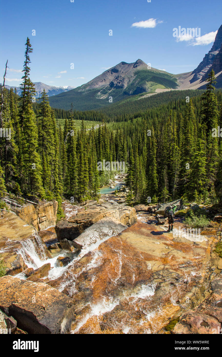 A brook falling over red rock in a green valley in the Rocky Mountains Stock Photo