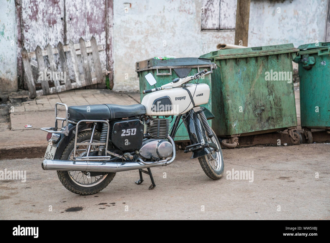 white GDR motorcycle, MZ 250 Trophy, in ViÃ±ales, Cuba Stock Photo