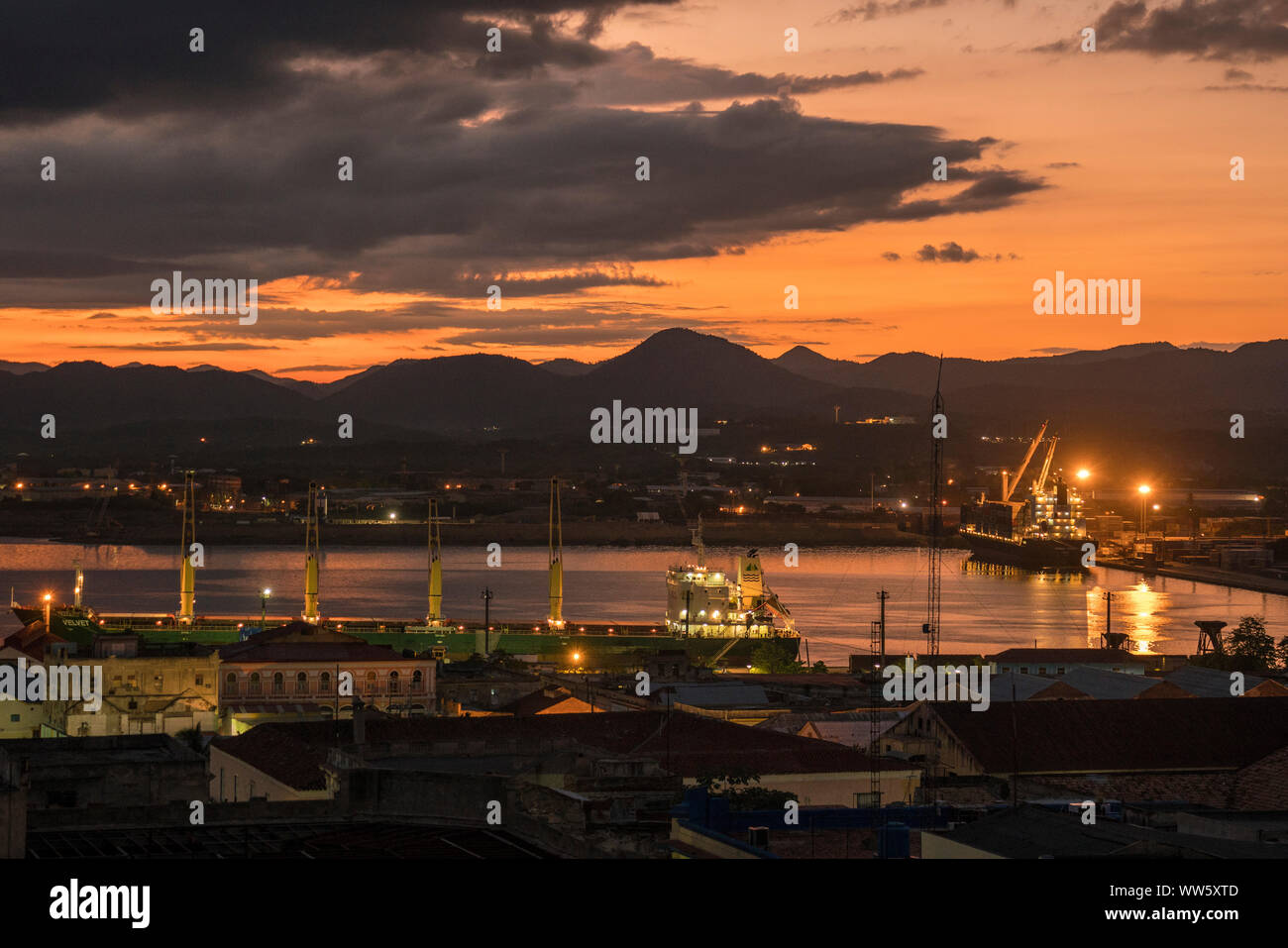 Harbour of Santiago de Cuba at sundown, Cuba Stock Photo