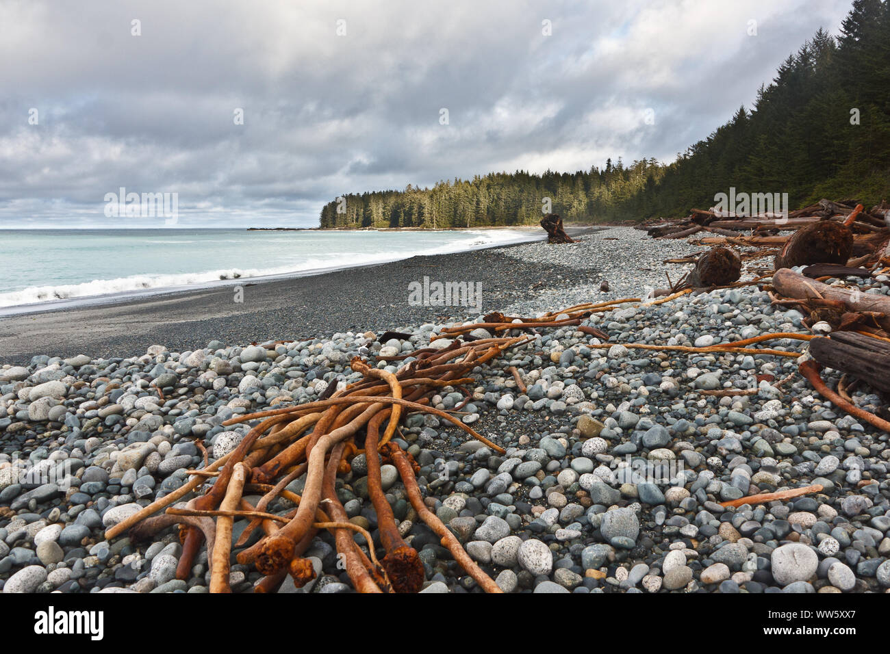 Flotsam on a gravel beach in the Cape Scott Provincial Park, Vancouver Island, British Columbia, Canada Stock Photo