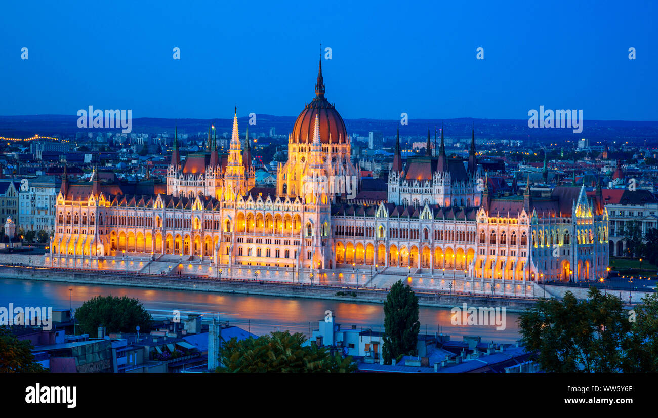 Hungarian Parliament Building by the River Danube, Budapest, Hungary Stock Photo