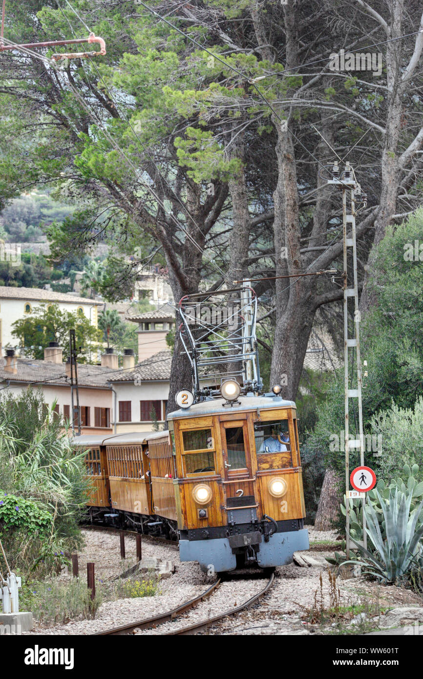 Spain, Majorca, Bunyola, train, teak, vintage, train driver, big trees Stock Photo