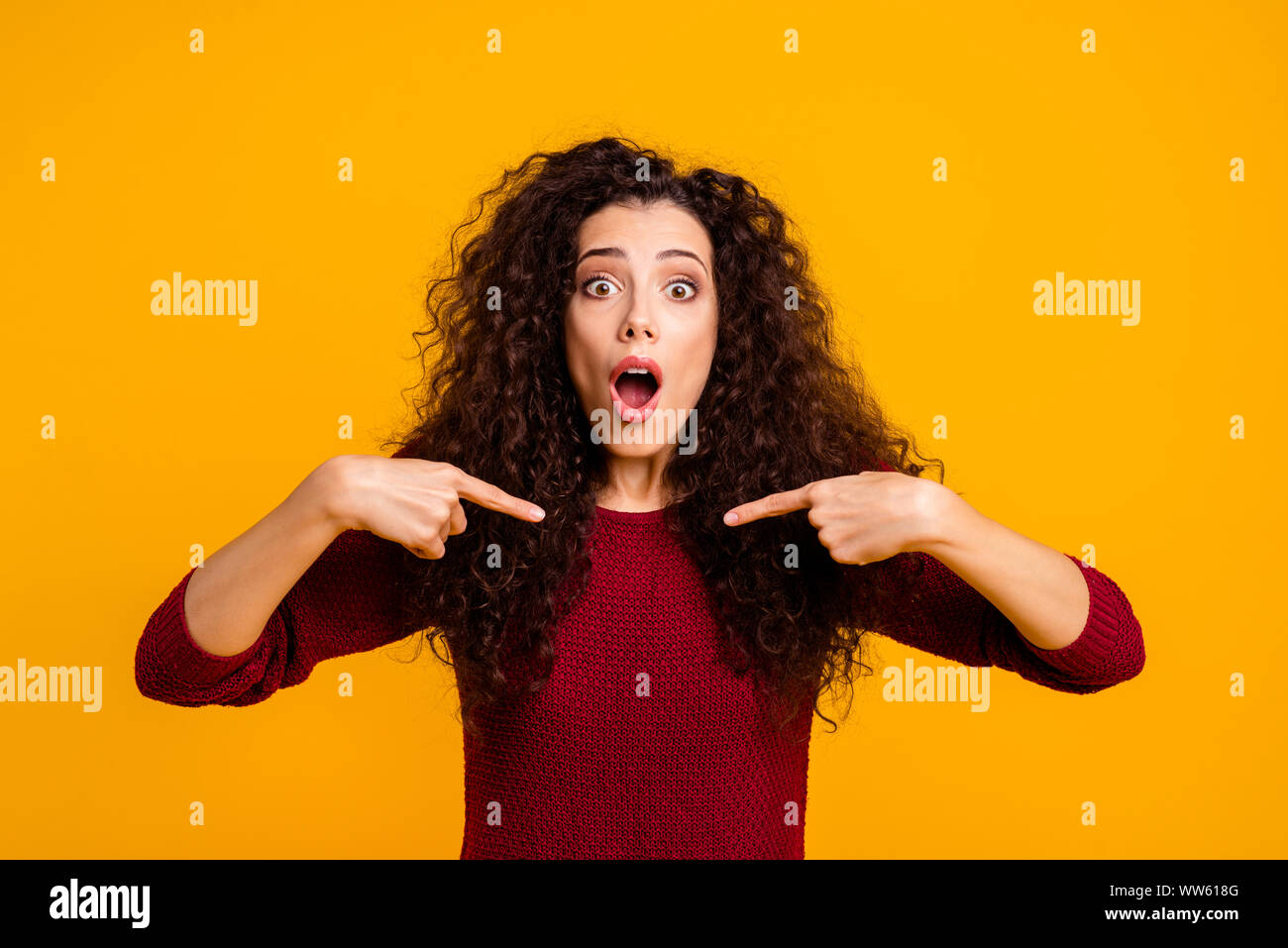 Close up photo amazing beautiful her she lady oh no hands palms fingers  point myself say I am not guilty wearing red knitted sweater pullover  clothes Stock Photo - Alamy