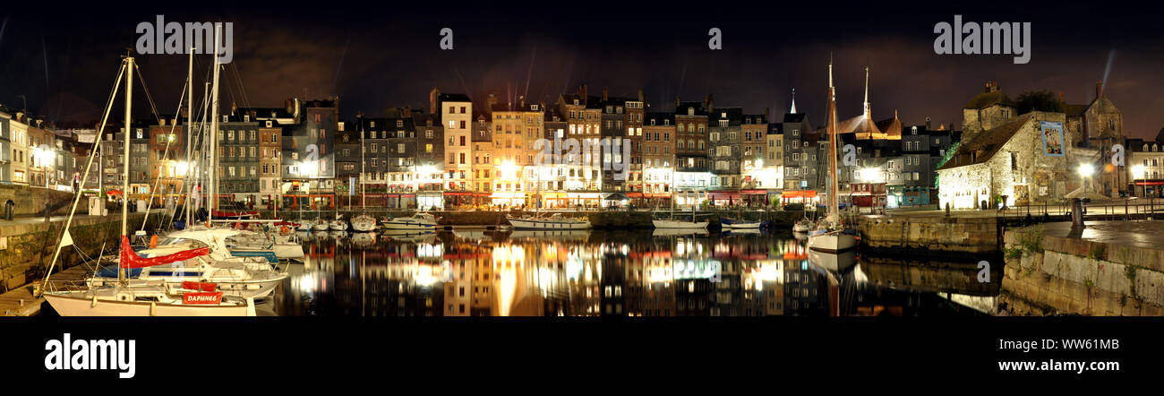 France, Honfleur, the old harbour (Vieux basin) in linear depiction, streetline multi-perspective photography, Stock Photo