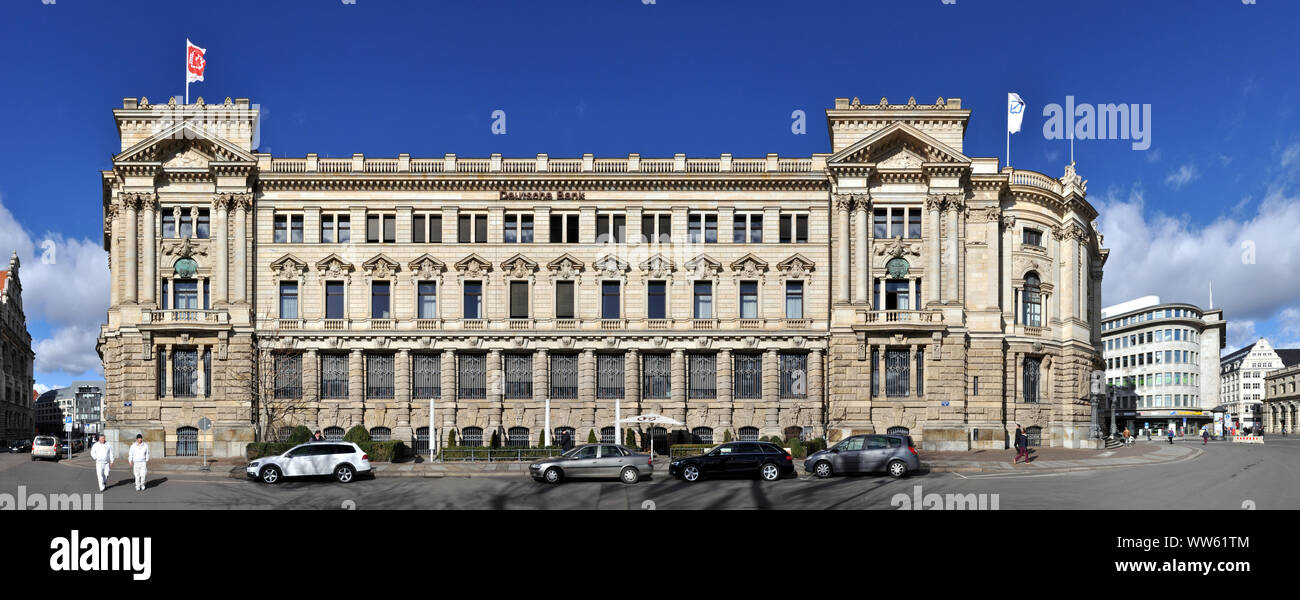 Germany, Leipzig, Deutsche Bank at the Leipzig ring in linear panorama, streetline multi-perspective photography, Stock Photo