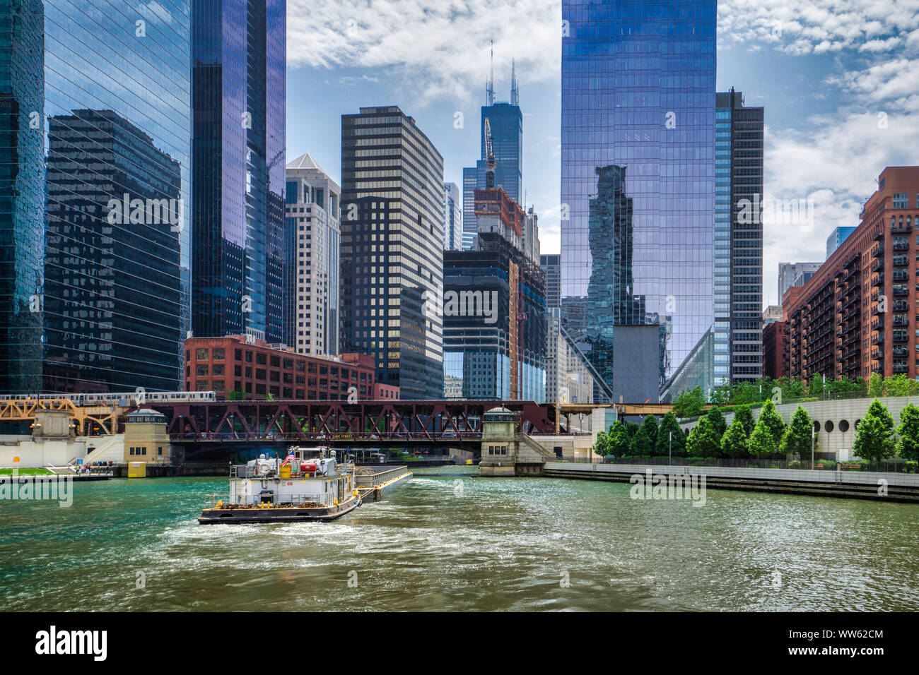 Barge sailing on Chicago River, Chicago, Illinois, United States Stock Photo