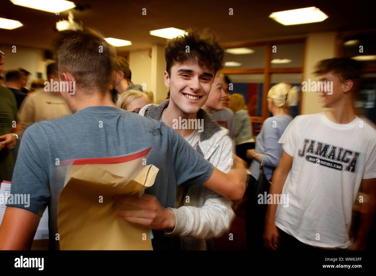 Friends celebrate at GCSE results day at Balcarras Academy, Cheltenham. 22/08/2019 Picture by Andrew Higgins - Thousand Word Media, NO SALES, NO SYNDI Stock Photo