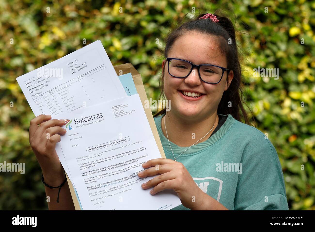 Lily Carpenter, delighted to achieve four 9 grades, at GCSE results day at Balcarras Academy, Cheltenham. 22/08/2019 Picture by Andrew Higgins - Thous Stock Photo