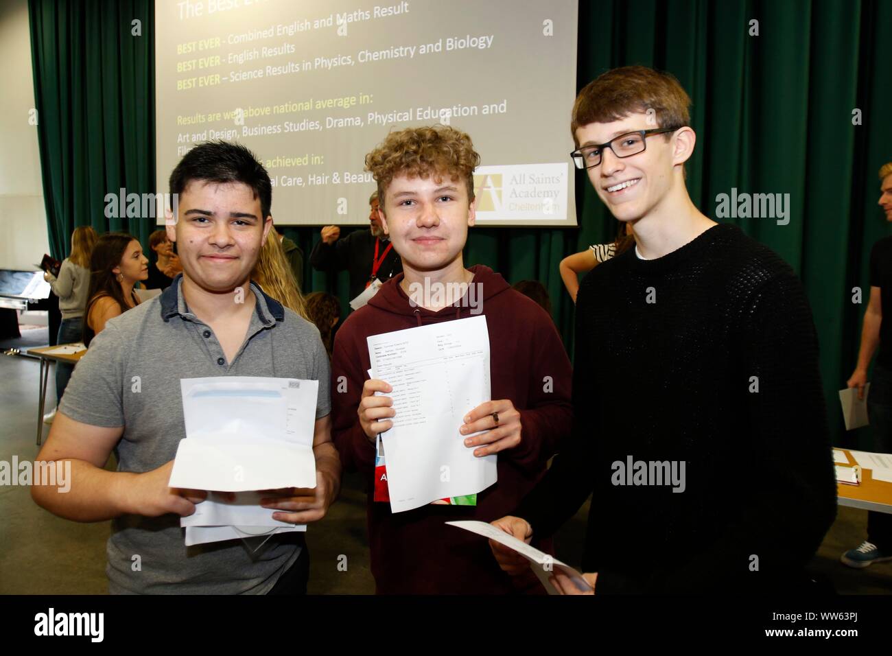 Friends Jamal Ramman, Bertoosz Obreski and Alex Webb, at GCSE results day at All Saints Academy, Cheltenham. 22/08/2019 Picture by Andrew Higgins - Th Stock Photo