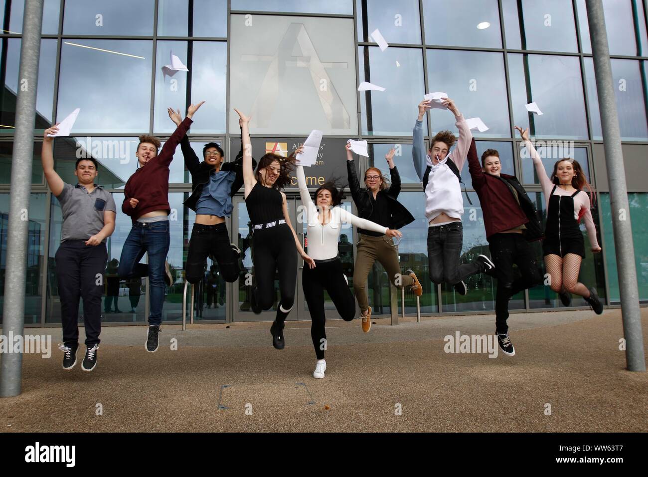 Celebrations at GCSE results day at All Saints Academy, Cheltenham. 22/08/2019 Picture by Andrew Higgins - Thousand Word Media, NO SALES, NO SYNDICATI Stock Photo