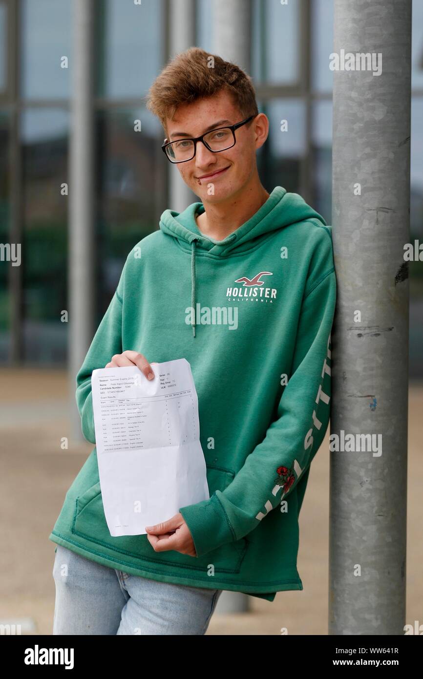 Top results for Peter Emeredge (eight 9s and two 8 grades) at GCSE results day at All Saints Academy, Cheltenham. 22/08/2019 Picture by Andrew Higgins Stock Photo