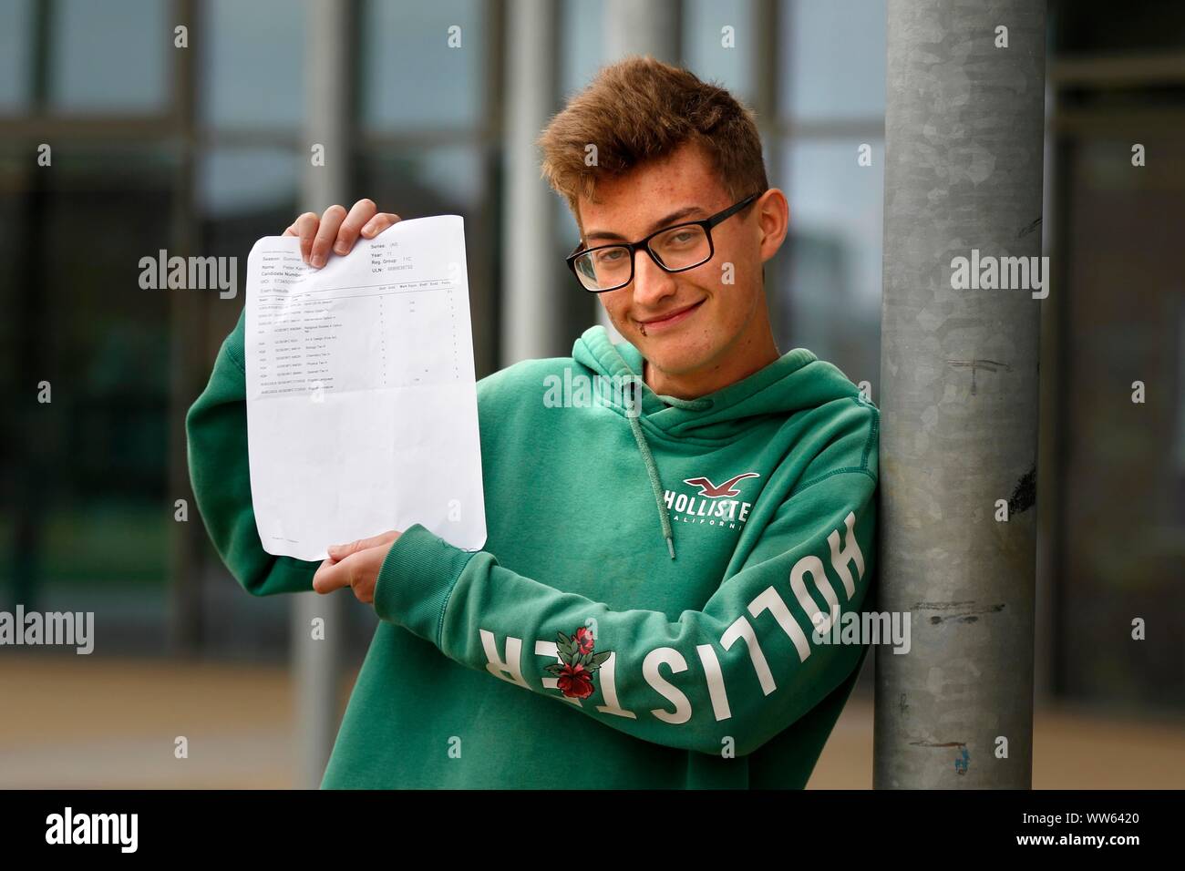Top results for Peter Emeredge (eight 9s and two 8 grades) at GCSE results day at All Saints Academy, Cheltenham. 22/08/2019 Picture by Andrew Higgins Stock Photo
