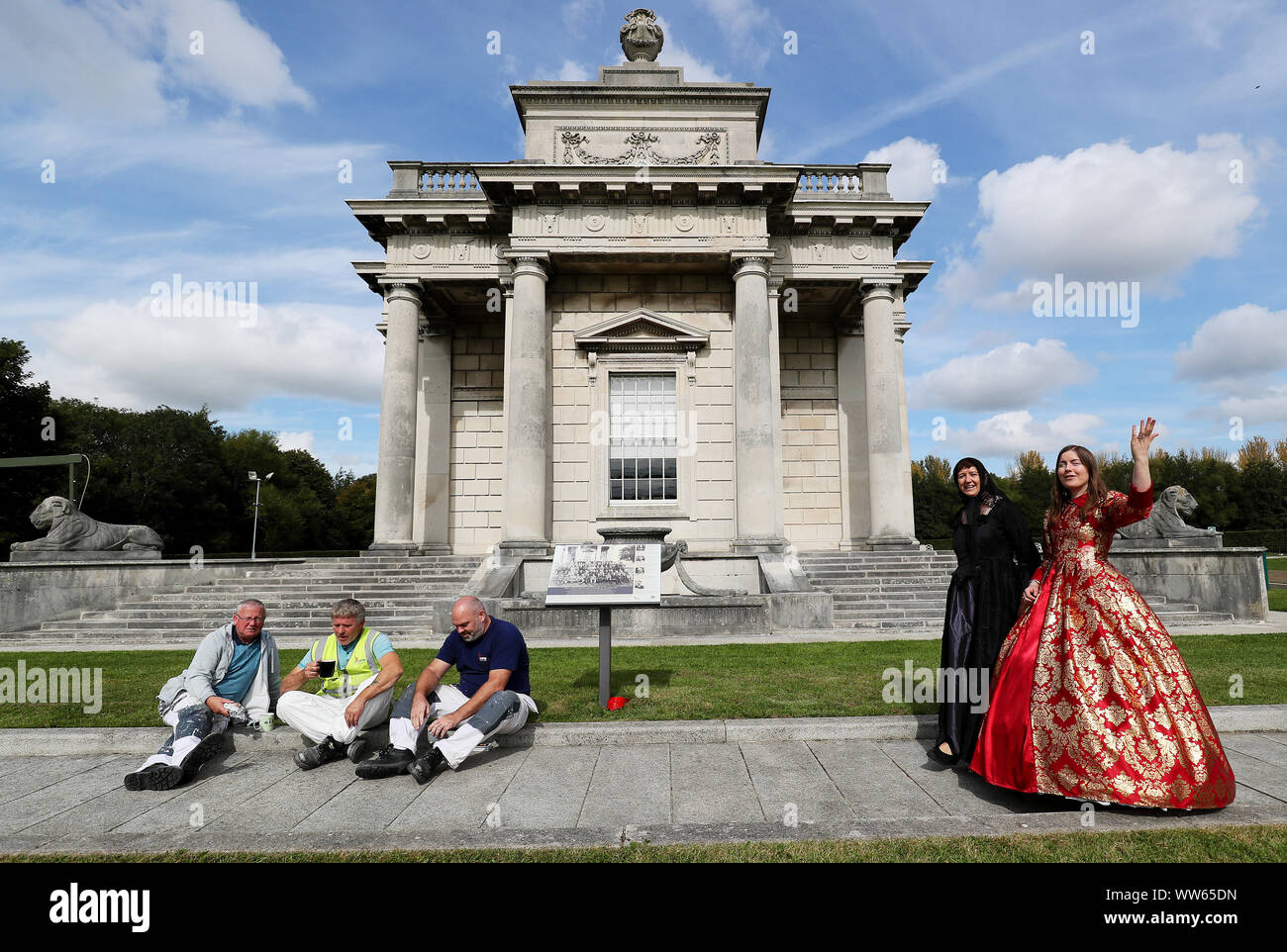 Catherine Victory (right) and Mairead Greene, both guides for the Office of Public Works, in period costume for the official re-opening of the Casino at Marino, after it was closed for two years while it underwent remedial and conservation work. PA Photo. Picture date: Friday September 13, 2019. The Casino which was built in the mid to late 1700s is internationally regarded as one of the finest architectural masterpieces of eighteenth-century Europe. Photo credit should read: Brian Lawless/PA Wire Stock Photo