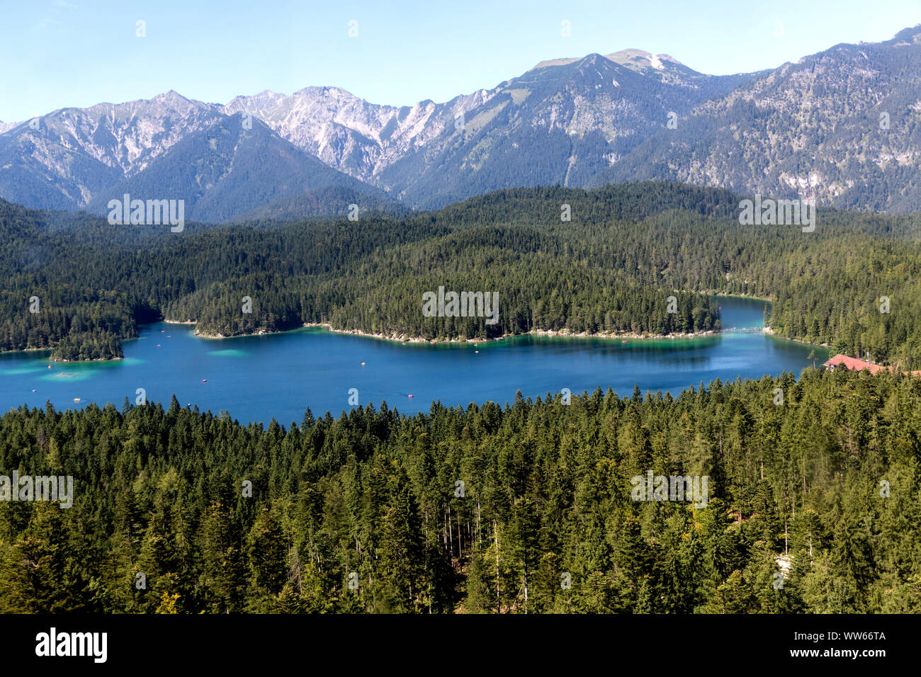 View at Eibsee from the Eibsee cable car, Zugspitze, 2962 m, the highest mountain peak of Germany, Wetterstein Range, Eastern Alps, Alps, Garmisch-Partenkirchen, Bavaria, Germany, Europe Stock Photo