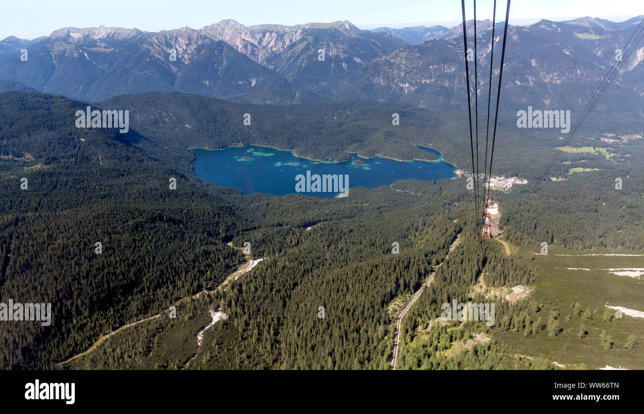 View at Eibsee from the Eibsee cable car, Zugspitze, 2962 m, the highest mountain peak of Germany, Wetterstein Range, Eastern Alps, Alps, Garmisch-Partenkirchen, Bavaria, Germany, Europe Stock Photo