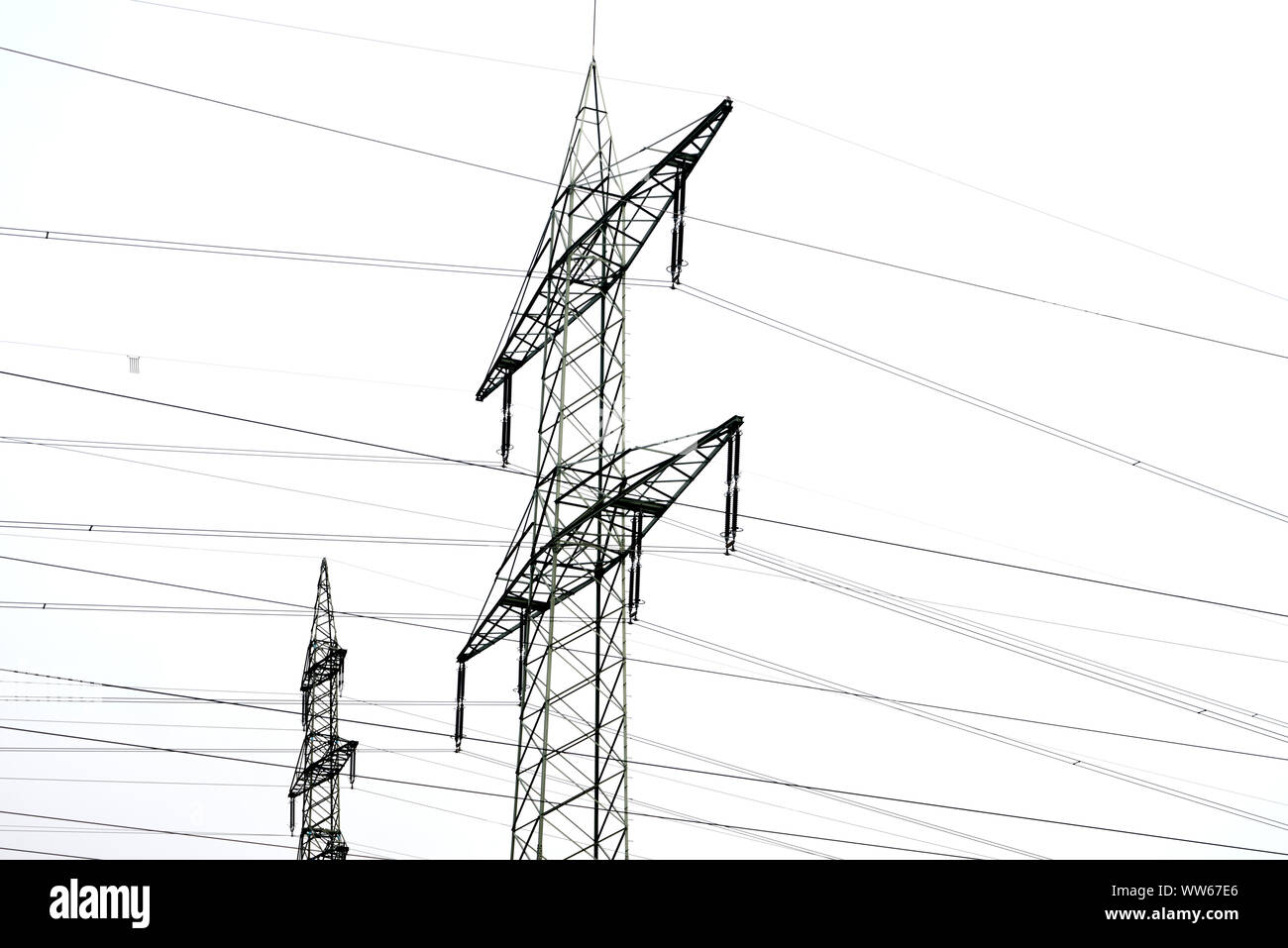 Power pole with power supply lines in front of white sky Stock Photo ...
