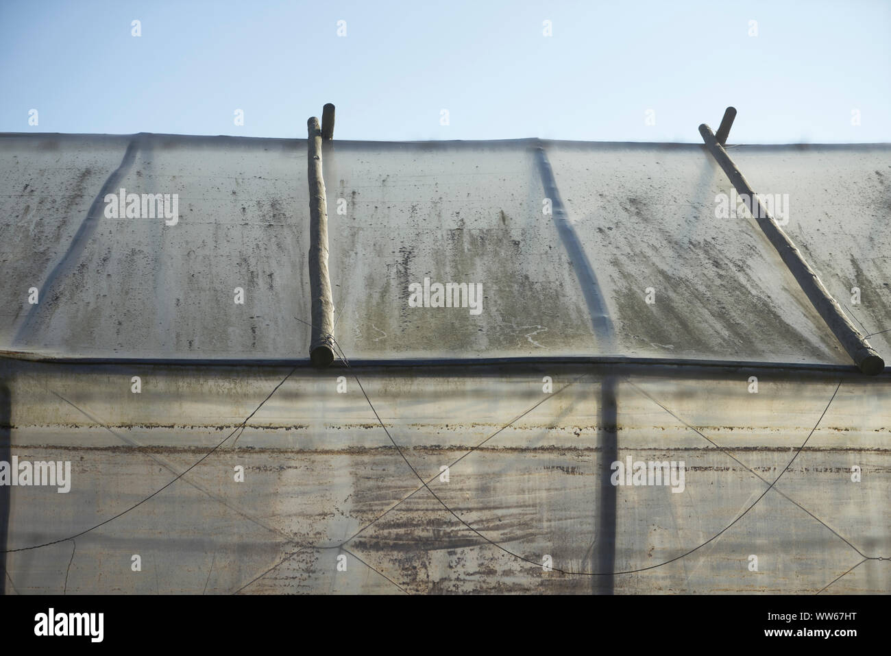 Old greenhouse, roof and wall with fabric, blue sky Stock Photo