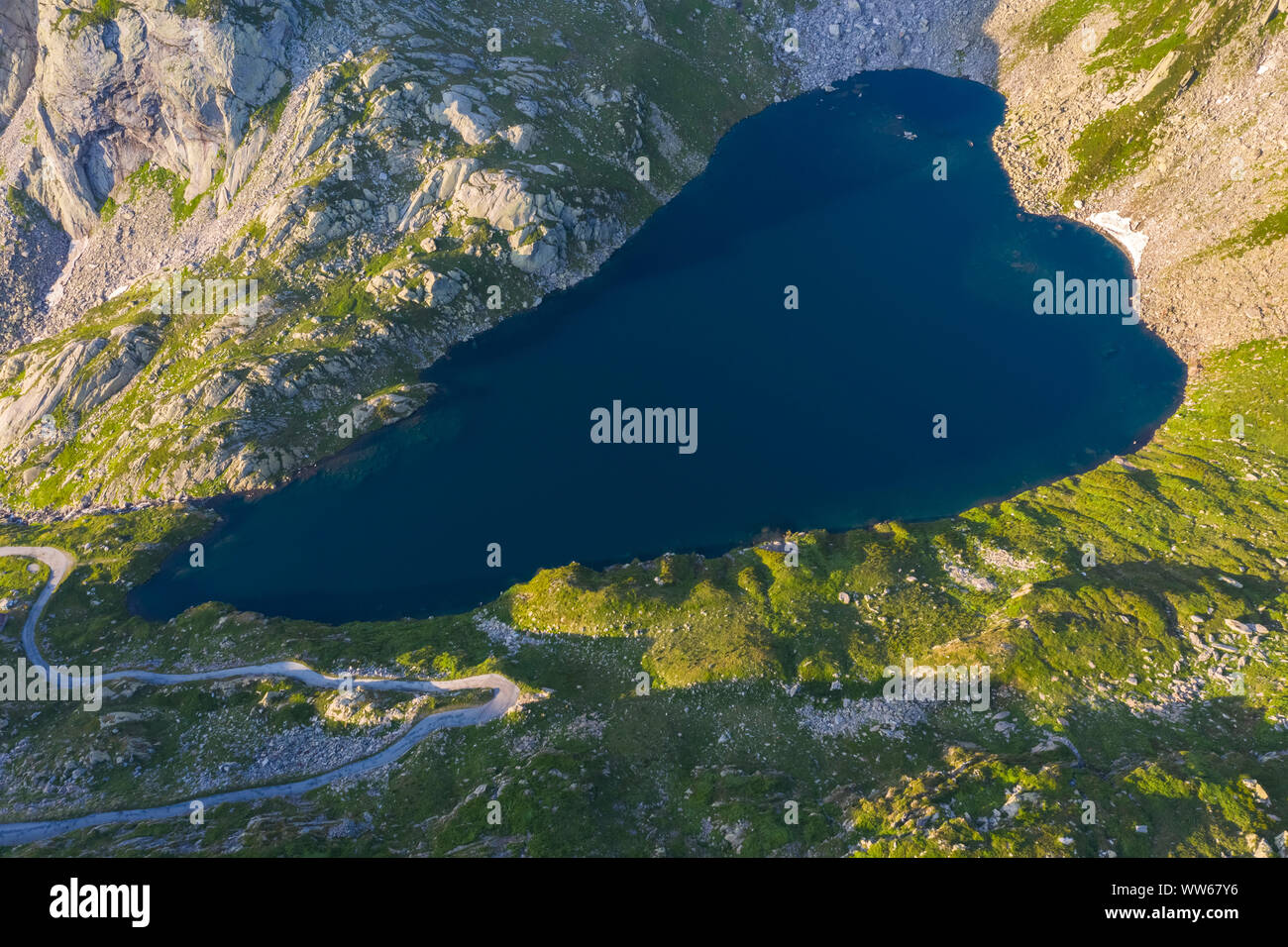 Aerial view of Lago Superiore in Lavizzara Valley at sunrise, Maggia Valley, Lepontine Alps, Canton Ticino, Switzerland. Stock Photo
