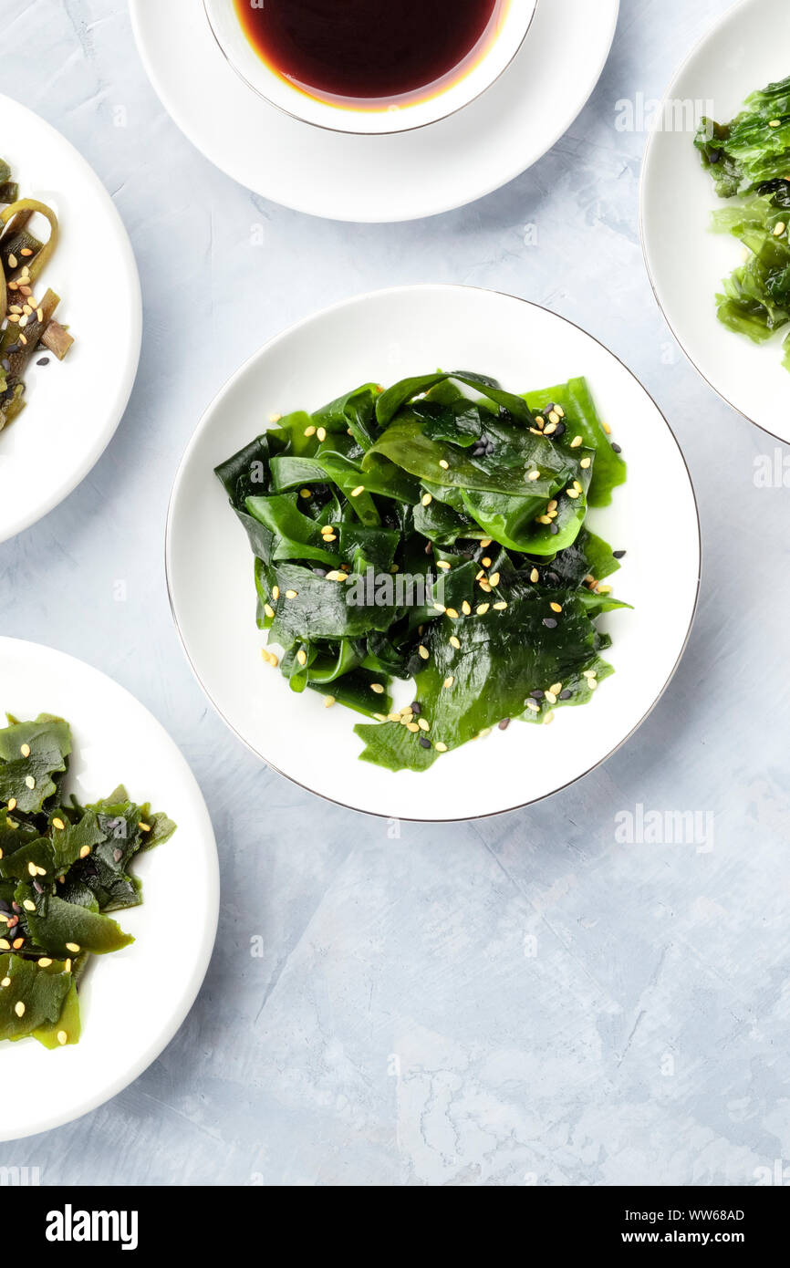 Sea vegetables, shot from above with a place for text. Superfoods background Stock Photo