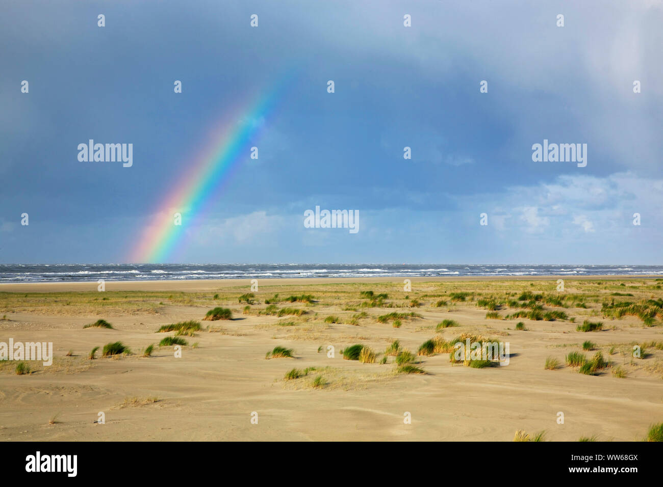 Shower and rainbow over the North Sea and the wide sand plain in the east of the island Langeoog. Stock Photo