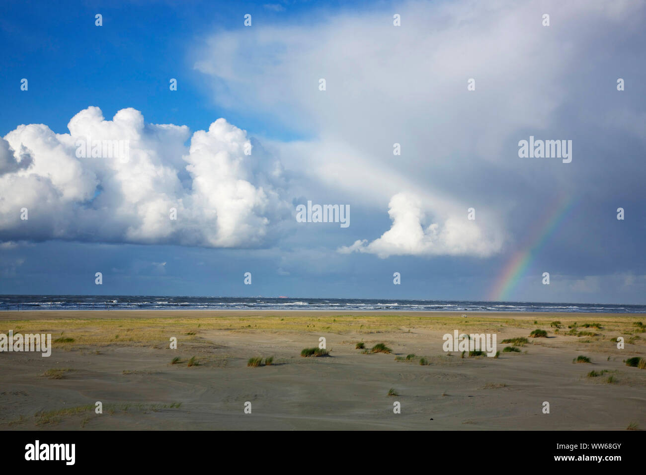 Shower and rainbow over the North Sea and the wide sand plain in the east of the island Langeoog. Stock Photo