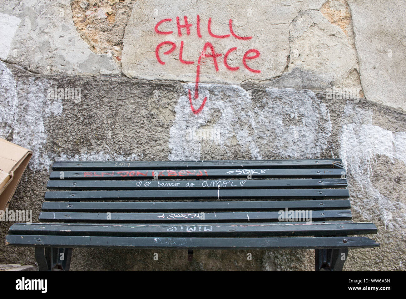 Bench labeled 'Chill Place' in Lisbon, Stock Photo