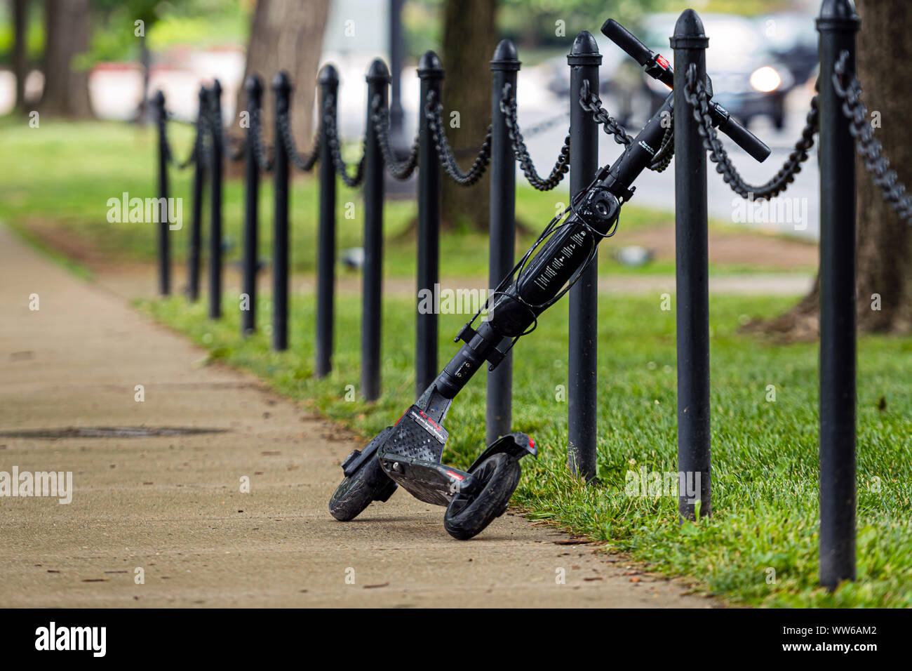 Washington DC, USA June 9, 2019 An abandoned electric scooter at the