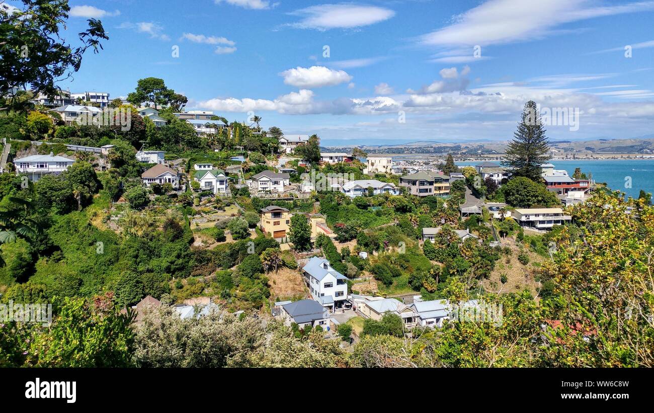 View of houses on a hillside between bushes and trees, with sea in the
