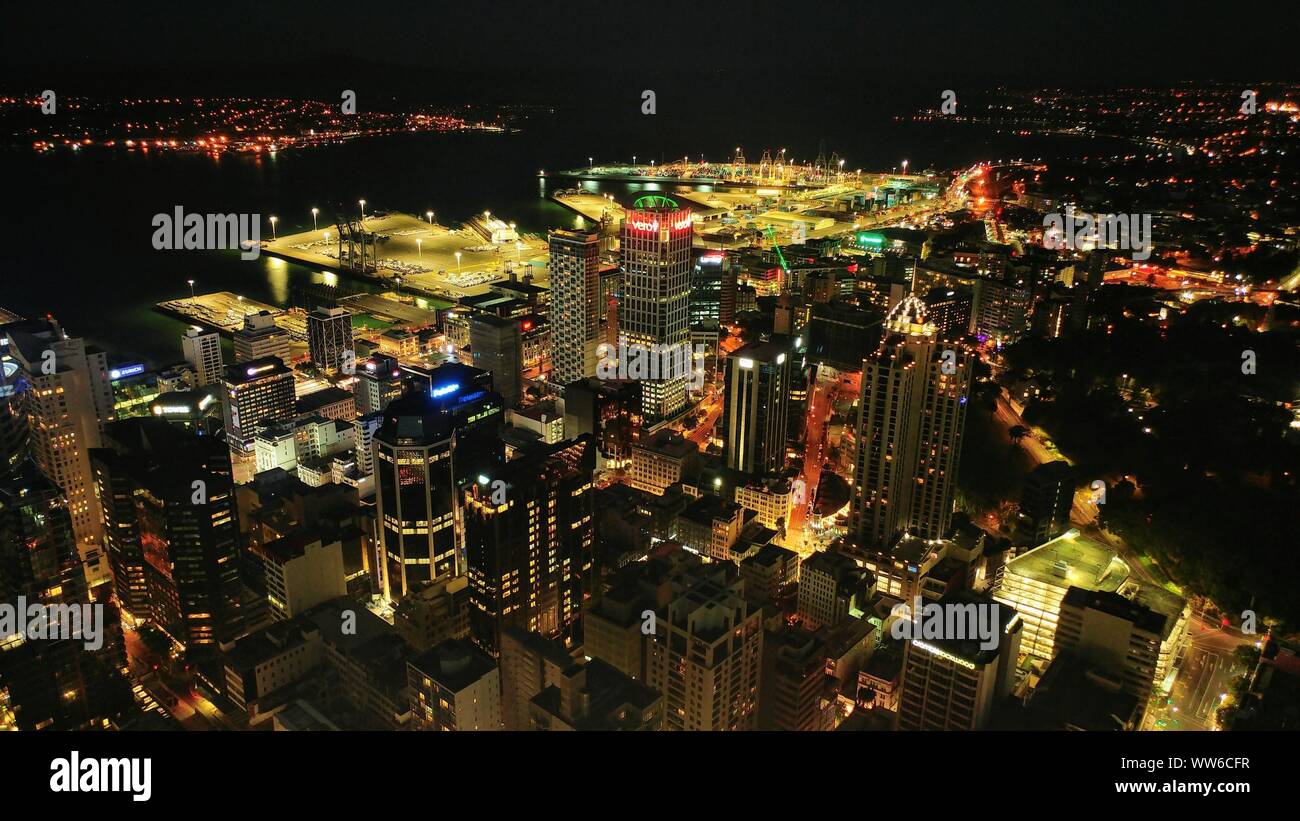 View of Auckland at night from the Sky Tower in New Zealand Stock Photo