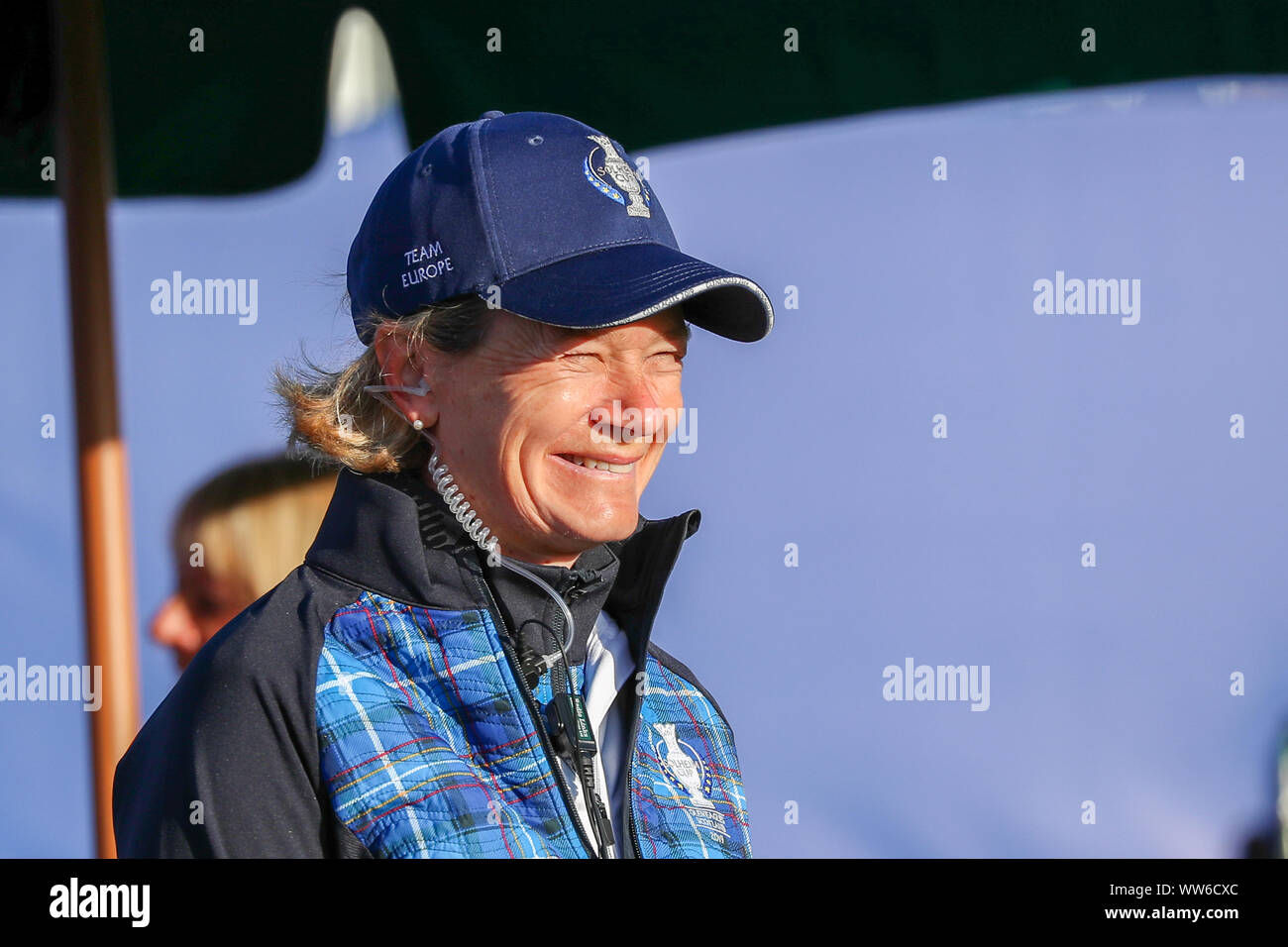 Solheim Cup, Gleneagles, UK. 13th Sep, 2019. The Solheim Cup started with "foursomes" over the PGA Centenary Course at Gleneagles. MARINA ALEX, representing USA struck the first drive followed by BRONTE LAW representing Europe. Team Captains JULI INKSTER (USA) and CATRIONA MATTHEW (Europe) followed the team round the course. Catriona Matthew on the first tee. Credit: Findlay/Alamy Live News Stock Photo