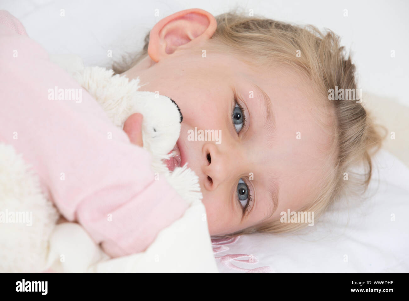 Girl with cuddly toy in bed, portrait Stock Photo Alamy