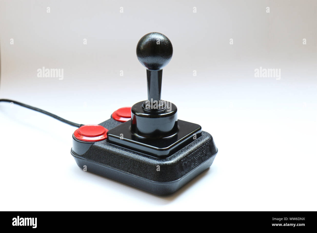 BERLIN - AUGUST 27, 2019: Classic Retro Joystick Competition Pro from the Eighties on white. It was very popular with Commodore Amiga and C64 Gaming C Stock Photo