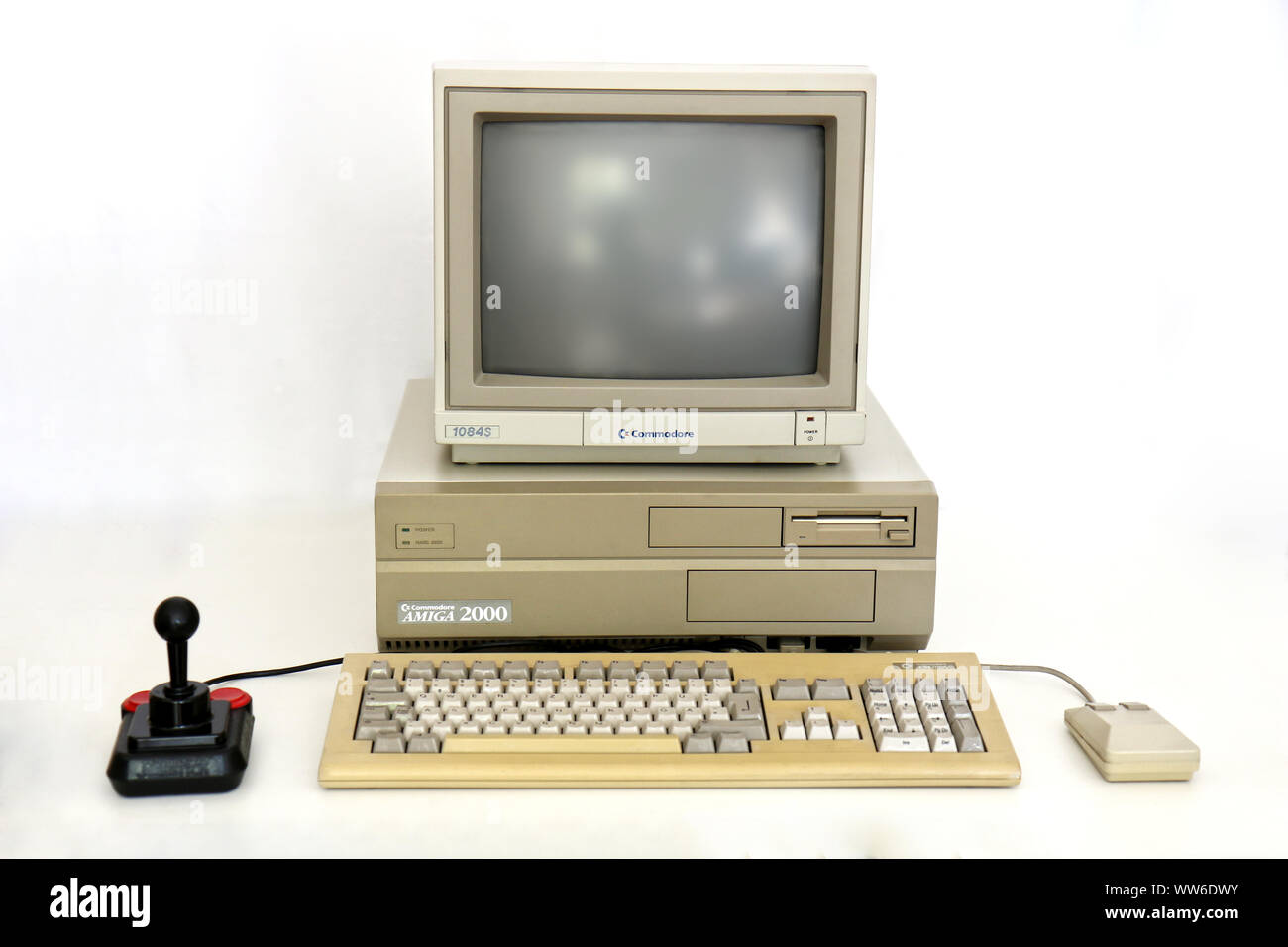 BERLIN - SEPTEMBER 06, 2019: Classic Commodore Amiga 2000 PC with Monitor 1084S, Competition Pro Joystick and Mouse. It was a famous Gaming PC in the Stock Photo