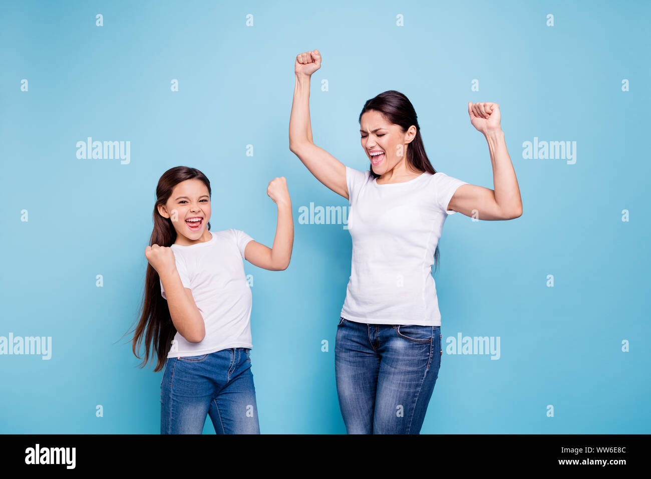 Close Up Photo Cheer Pretty Two People Brown Haired Mum Small Little Daughter Arms Up In Air